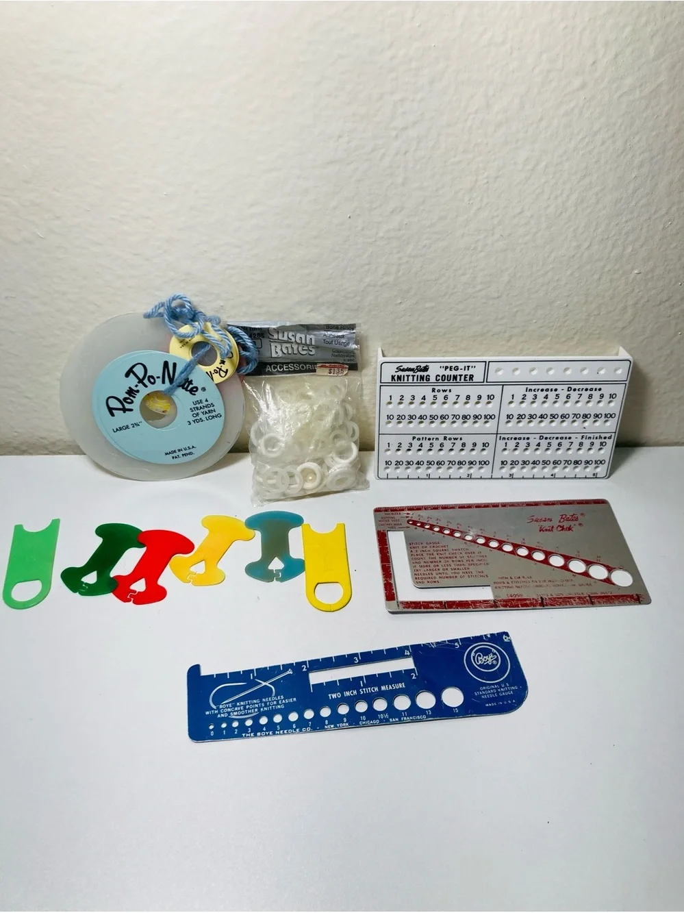 Vintage Knitting Notions: Stitch Holders, 3 knit check sizers, Pom Pom maker